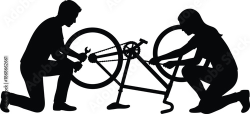 Couple repairing bicycle together silhouette, teamwork, love, cooperation, fixing problems, relationship support concept, black white vector illustration