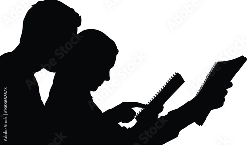 Couple reading together silhouette close-up, learning, support, shared knowledge, calm lifestyle moment, education and relationship concept, black white vector illustration