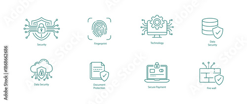 Secure Online Payment, Firewall, and Cloud Data Protection Line Icons