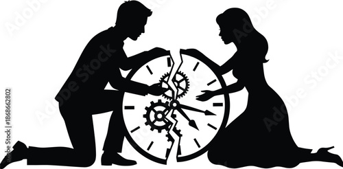 Couple repairing broken clock together silhouette, love, teamwork, fixing relationship, time healing concept, emotional connection, black white vector illustration