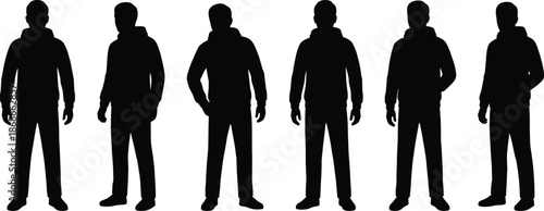 Hoodie character icon set, male silhouettes, standing poses, casual fashion, urban style, black vector graphics, animation reference