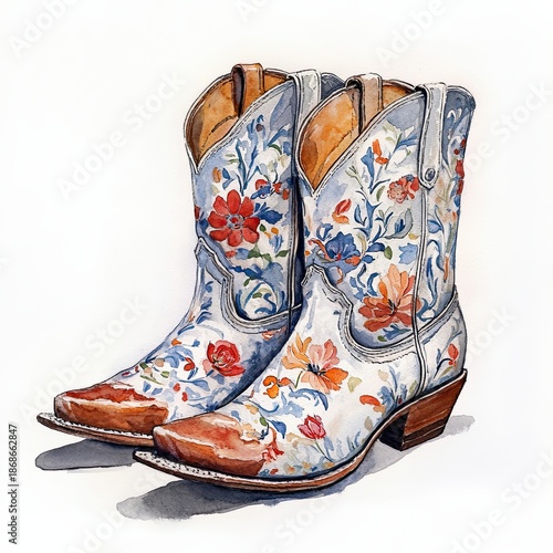 Cowgirl Cowboy Boots, watercolor illustration, western girly.