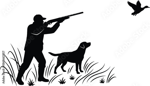 Hunting scene icon set, shotgun aim, flying bird, retriever dog, outdoor sport, black silhouette vector graphics