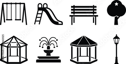 Park and playground silhouette icon set, swing, slide, bench, tree, gazebo, fountain, lamp, black outline, vector graphic