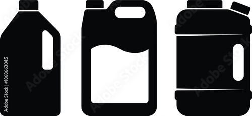 Plastic container silhouette set, liquid storage, motor oil, detergent, chemical packaging, black outline, isolated, vector graphic