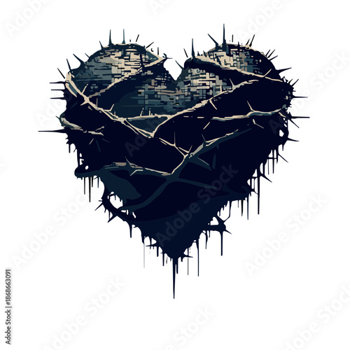 Heart shape made of thorns and spikes in a dark and edgy design on white background