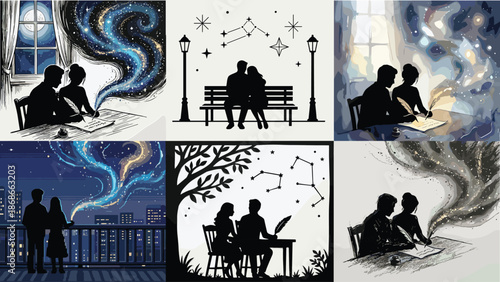 Couple writing together as magical stardust flows from paper, romantic silhouettes inspired by night sky constellations, imagination and storytelling artwork