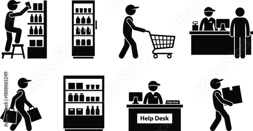 Retail and grocery store icon set, shopping, stocking, checkout, help desk, black outline, isolated, vector graphic