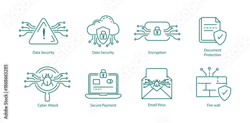 Cyber Security and Data Protection Line Icons with Virus, Encryption and Firewall