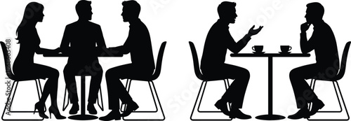 Social interaction icon set, café meeting, group discussion, seated silhouettes, communication theme, black vector graphics