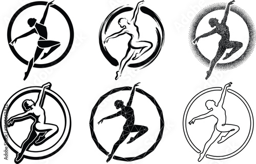 Dynamic female dancer silhouettes inside circular frames, ballet aerobic fitness icon vector set, modern elegant gymnast illustration design, isolated artistic movement concept