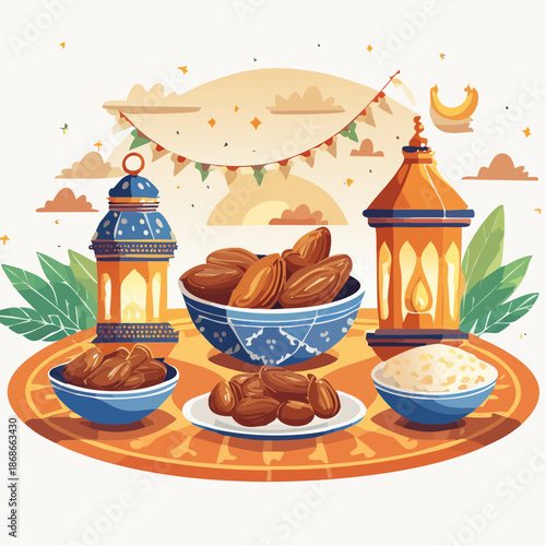 Ramadan Kareem celebration with dates and traditional decorations.
