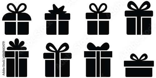 Gift box silhouette set, Present icon collection, Celebration gift symbols