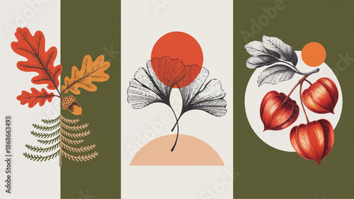 autumn leaves and branches with acorns and fern on green background