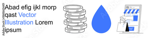 Finance, e-commerce, savings, sustainability, online shopping, marketing. Stack of coins, blue droplet storefront with shopping bags. Finance and e-commerce concept combining savings and online