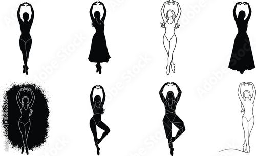 Elegant ballerina silhouette vector set, women standing in dance pose, outline and abstract shapes, modern ballet dancer collection artwork
