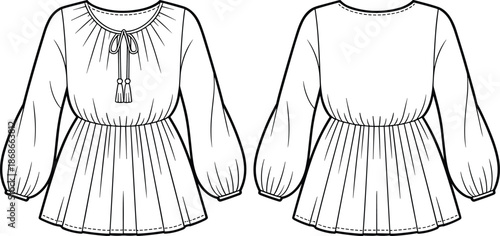Women’s blouse technical fashion illustration, front and back views, peplum waist, gathered sleeves, tassel tie, vector flat sketch