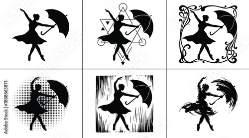 Elegant dancing woman silhouette with umbrella, artistic ballerina movement illustration set, graceful vector icons for dance art and style