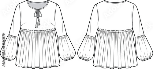 Women’s blouse technical fashion illustration, keyhole neckline, gathered bust flare, puff sleeve, tassel tie, vector flat sketch