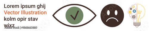 Validation, emotions, problem-solving, innovation, technology, ideas. Eye with checkmark, sad face lightbulb with gears. Validation and emotions concepts through symbols and icons