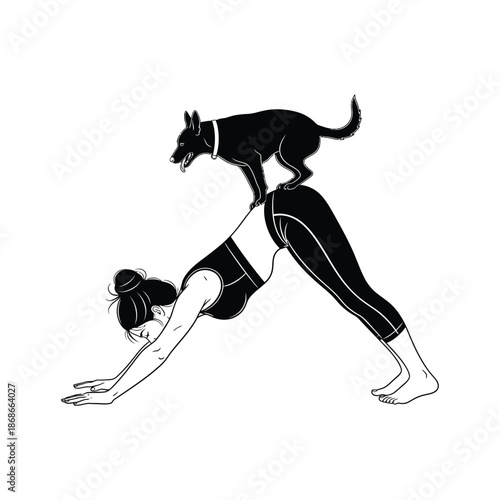 Silhouette of woman doing yoga downward dog pose with small dog on her back