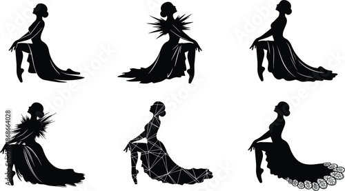 Elegant seated woman silhouette vector set, flowing long gown dress artwork, abstract geometric and decorative lace patterns, fashion feminine illustration