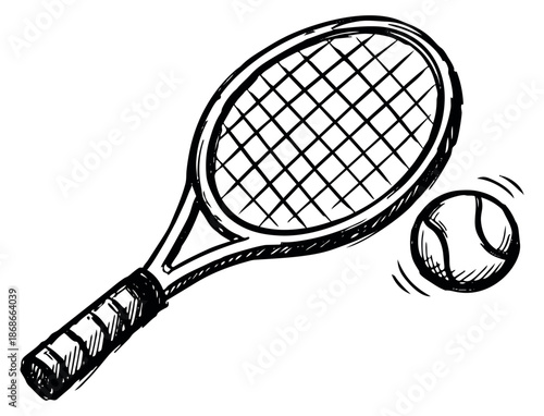 Hand drawn sketch illustration of a tennis racket and ball depicting a sports game for recreation