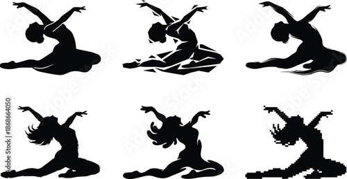 Expressive dancer silhouette set in floor poses, abstract and geometric styles, contemporary dance movement, emotional body language, modern art concept