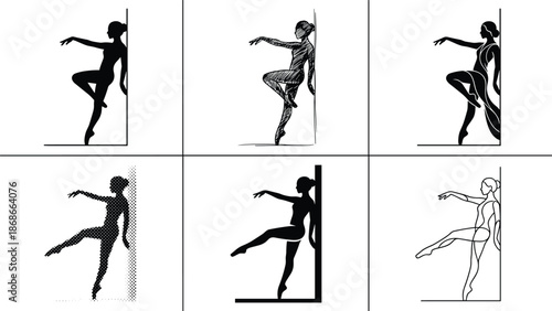 Elegant female dancer silhouette leaning against wall in various artistic styles including sketch, halftone, outline, modern solid and abstract illustration