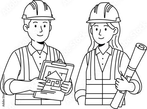 Construction Engineers Team Line Art Illustration, Male Female Architects Wearing Hardhats Holding Blueprint Clipboard Technical Drawing Vector