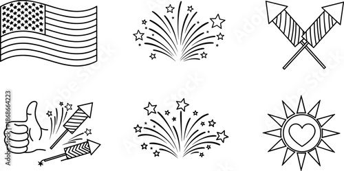 Patriotic celebration icons, fireworks burst, American flag, rocket decor, festive symbols, black white illustration, Independence Day theme, USA holiday sketch