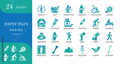 Joint Pain and Orthopedic Icons. Featuring arthritis, physical therapy, bone health, and senior care symbols. Editable vector for medical apps and clinic marketing materials