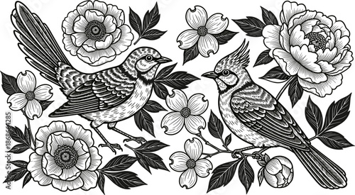 Black and white illustration of birds perched among blooming peonies, dogwood flowers, and leaves, detailed nature drawing, vintage floral coloring page