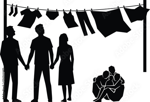 Family standing together under clothesline silhouette, unity and support contrasted with hardship, social awareness concept, relationships and resilience, black white vector illustration