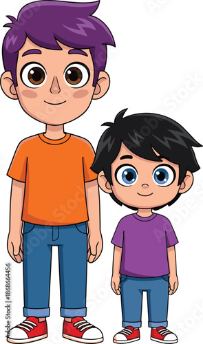 Cute brothers cartoon illustration showing older and younger boy standing together, family relationship kids flat vector design
