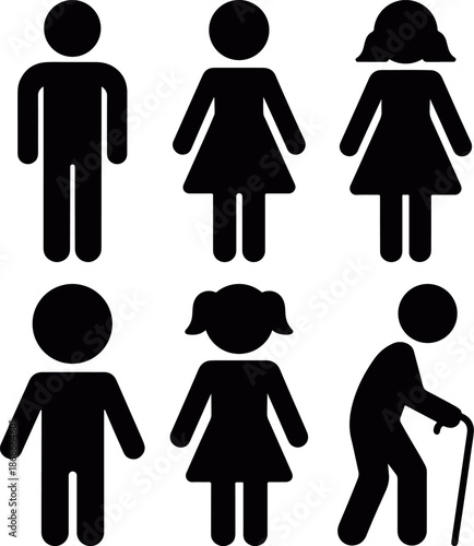 Human figure silhouette icons set representing men, women, elderly and different age groups in simple, people silhouette icons set different age and gender, human figure male female child silhouette 