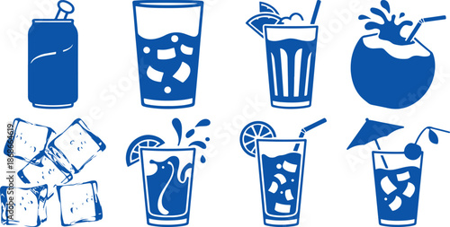 Cold Drinks and Beverage Glass Icons Set for Summer Refreshment Menu, efreshing summer drinks glass ice silhouette symbols, soft drink juice beverage silhouette icon collection