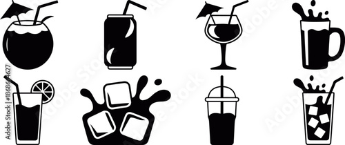 cold drink beverage icon set collection, soft drink juice cocktail silhouette symbols, summer drink beverage icons isolated, beverage drink icon set featuring juice, cocktail, soda and coffee glasses