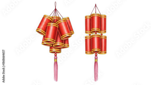 Red chinese lanterns isolated on transparent background