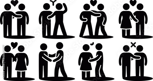 romantic couple people silhouette icon set relationship, love partnership family people silhouette symbols, couple relationship, family, Couple and Relationship Silhouette Icons Set Showing Love 