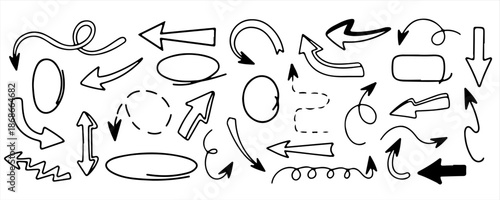 Hand Drawn Arrow Collection with Doodle Shapes, Sketch Style Direction Arrows, Curved and Straight Pointer Icons for Infographic, Presentation, UI Design, Education, Notes and Creative Illustration