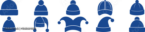 winter cap silhouette icons set cold season headwear, knitted hat winter clothing silhouette symbols, winter fashion headwear silhouette icon collection, knitted Winter Cap and Headwear Icons Set 