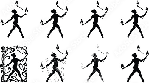Fire dancing woman silhouette illustration set, female performer with flaming torches, dramatic movement vector icons for circus and performance art