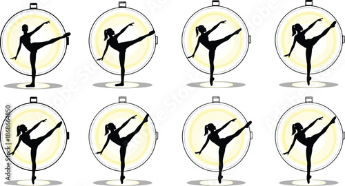 Girl ballet dancer silhouette in digital timer circle, fitness balance pose vector set, stretching flexibility exercise artwork