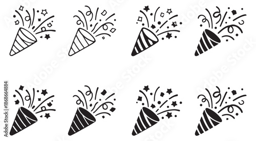 Outline and filled style party popper icons set featuring confetti, streamers, and stars for celebration and festive occasions