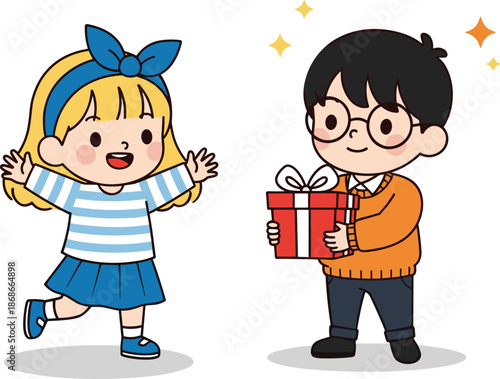 Cute kids exchanging gift cartoon illustration, happy boy giving present to excited girl, friendship celebration flat vector