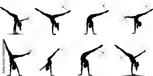 Gymnast handstand silhouette set with sparkler, female acrobat balance pose, flexibility strength gymnastics vector illustration for fitness and sports