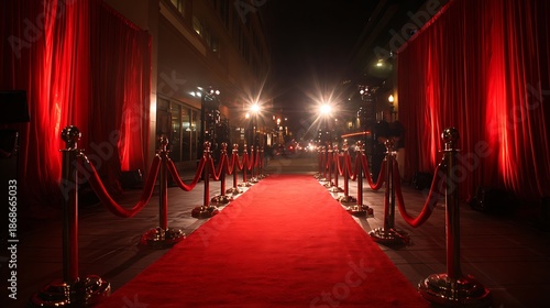 Illuminated red carpet flanked by curtains and stanchions, inviting entrance at night