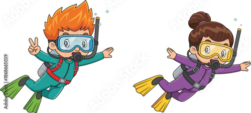 Cute Kids Scuba Diving Cartoon Illustration Set, Boy And Girl Underwater Adventure Snorkeling Characters Vector Design