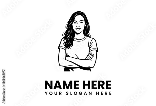 Confident Woman with Crossed Arms Logo Design Smiling Black and White.